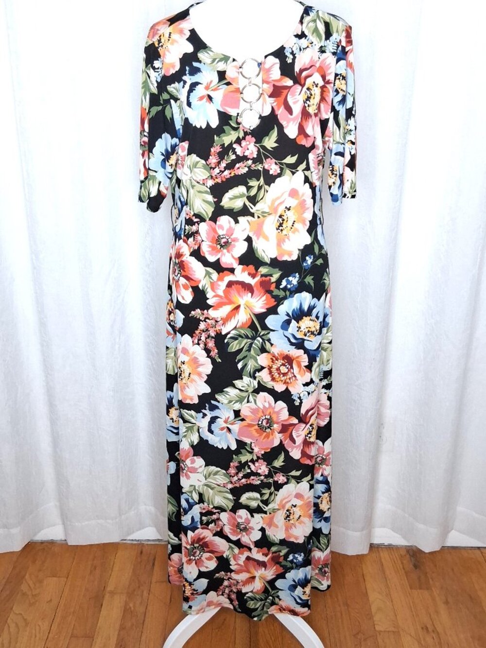 MSK Floral Maxi Dress with Gold O-Ring Bodice 3/4 Sleeve Missing Belt